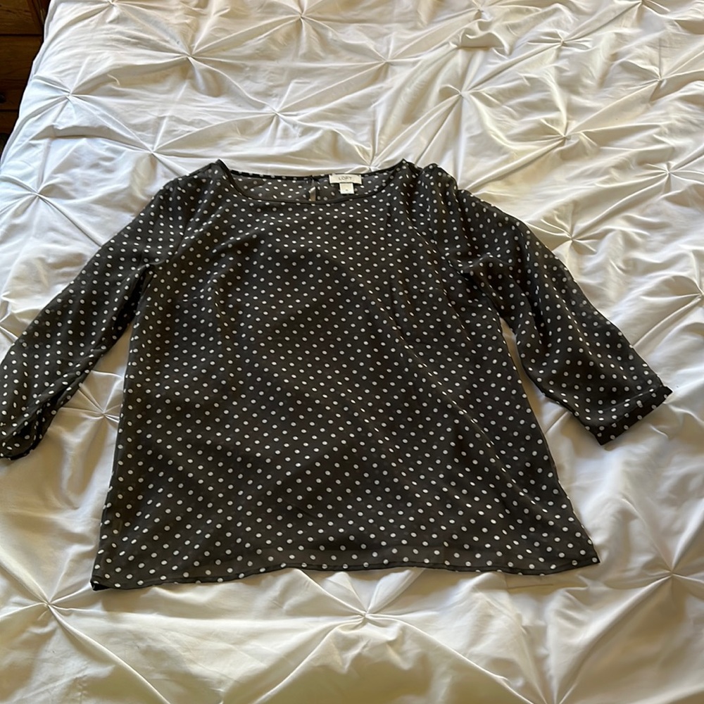 Loft 3/4 Length Sheer Grey Polka Dot Blouse (M)